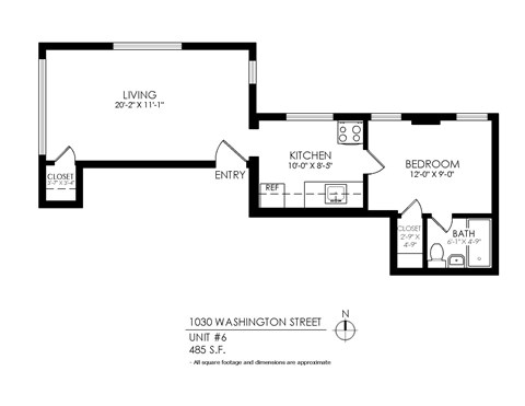 Floor plan for 1 bed, 1 bath, 485 sqft